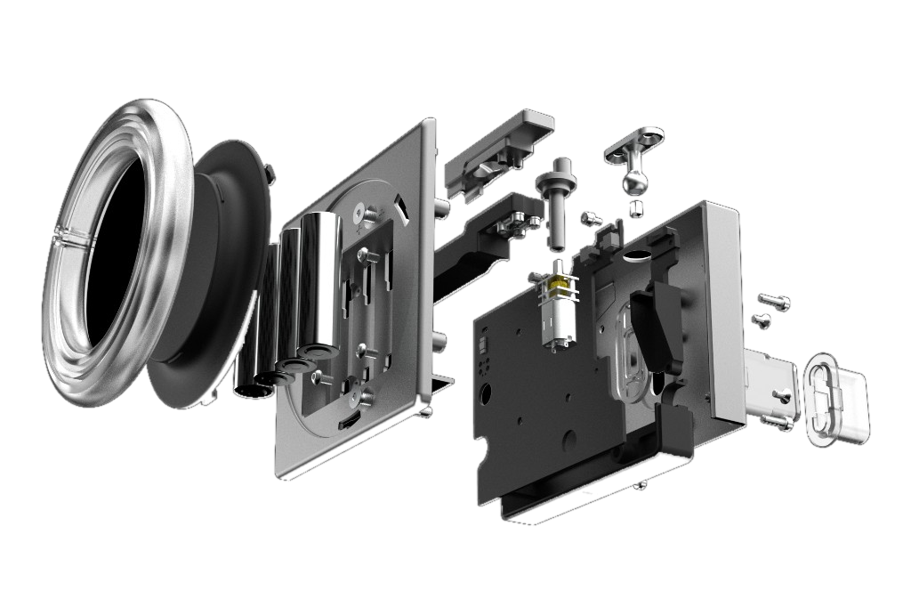 Exploded view of the Veranda smart lock, showing its internal hardware components